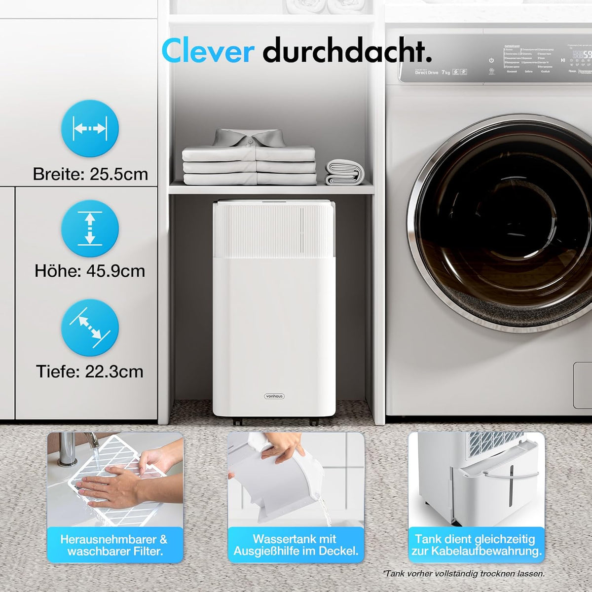 VonHaus Elektrische luchtontvochtiger, 12 l/dag, waterreservoir van 2 liter, kamerontvochtiger tegen vocht, condensatie, schimmel en geuren, luchtontvochtiger voor wasgoed, thuis, slaapkamer, 12 liter