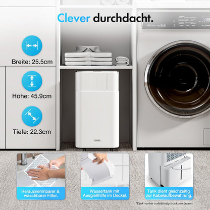 VonHaus Elektrische luchtontvochtiger, 12 l/dag, waterreservoir van 2 liter, kamerontvochtiger tegen vocht, condensatie, schimmel en geuren, luchtontvochtiger voor wasgoed, thuis, slaapkamer, 12 liter