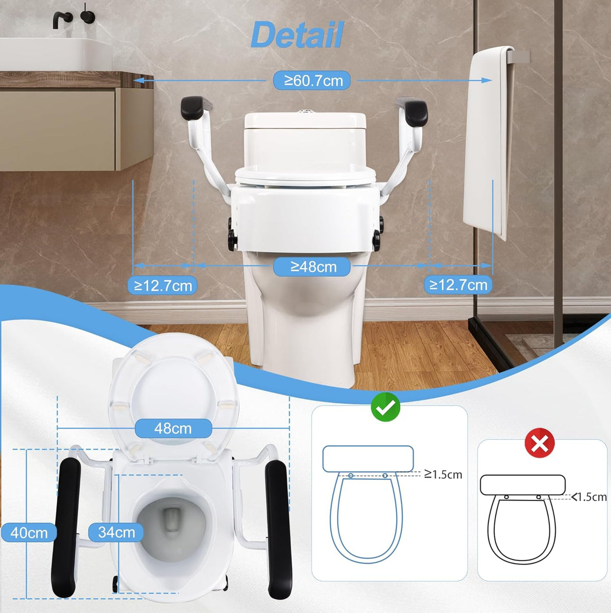 Toiletverhoger voor volwassenen, met armleuning (3 hoogtes), verstelbaar, toiletverhoging met deksel, verhoogde toiletbril, senioren, met beperkte mobiliteit
