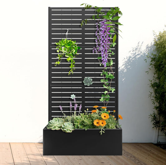 FENCY Metal Raised Garden Bed with Trellis, Metal Planter with Trellis, Garden Box for Climbing Plants Vegetable, 89 cm (L x W x H) Metal Garden Bed with Drainage Holes (Black Louvre) - QUORE