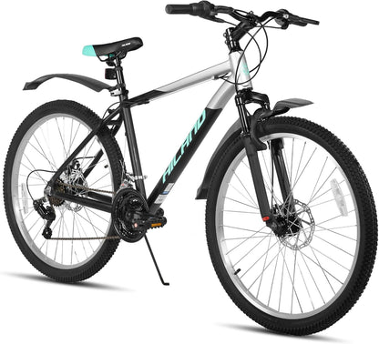 HILAND Mountainbike, 27,5 inch, 18 versnellingen, verende vork, aluminium frame, schijfrem voor mannen en vrouwen, MTB, zwarte fiets
