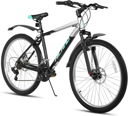 HILAND Mountainbike, 27,5 inch, 18 versnellingen, verende vork, aluminium frame, schijfrem voor mannen en vrouwen, MTB, zwarte fiets