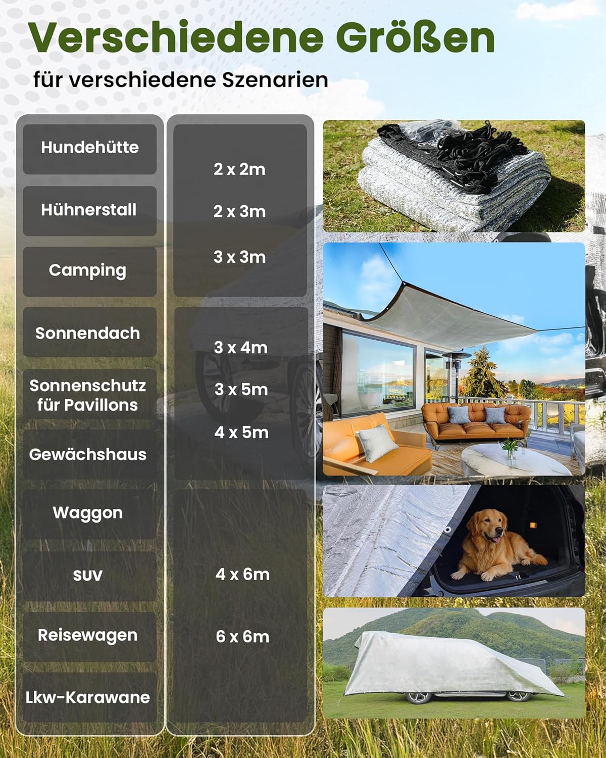 Schaduwnet, 6 x 6 m, 99% aluminium, hittebescherming, zonweringsnet met elastisch koord, nylon touw, spijker, als uv-bescherming, geschikt voor buiten, binnenplaats, auto, dieren