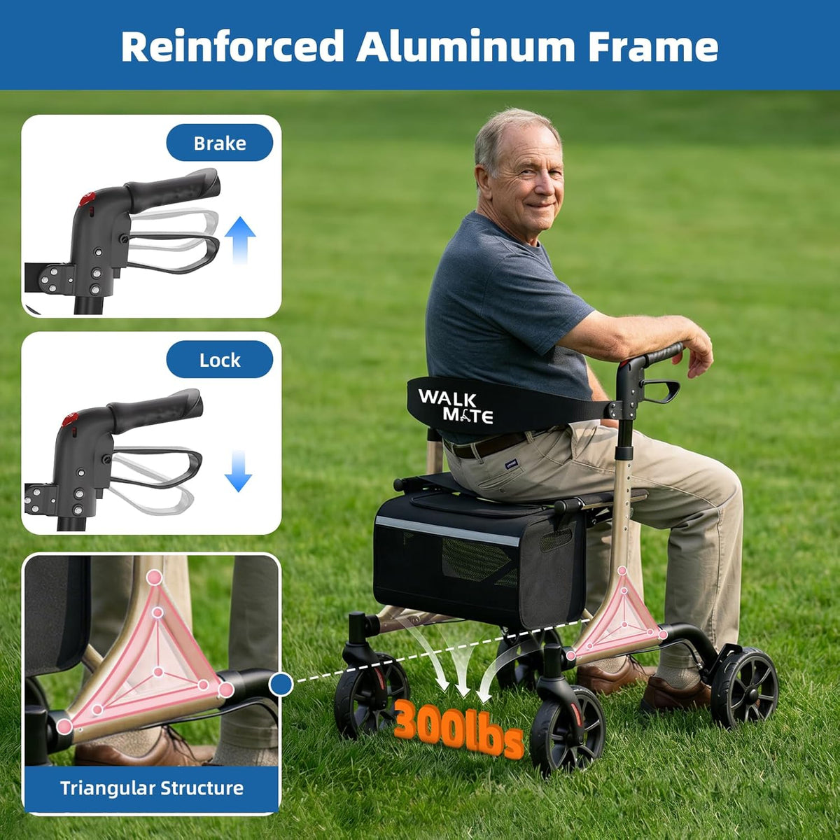 WALK MATE Rollator Lichtgewicht opvouwbare met zitting - Aluminium rollator smal voor woning, hoogteverstelbaar met duwknop, bekerhouder, loophulp voor ouderen (6,7 kg) (Goud)
