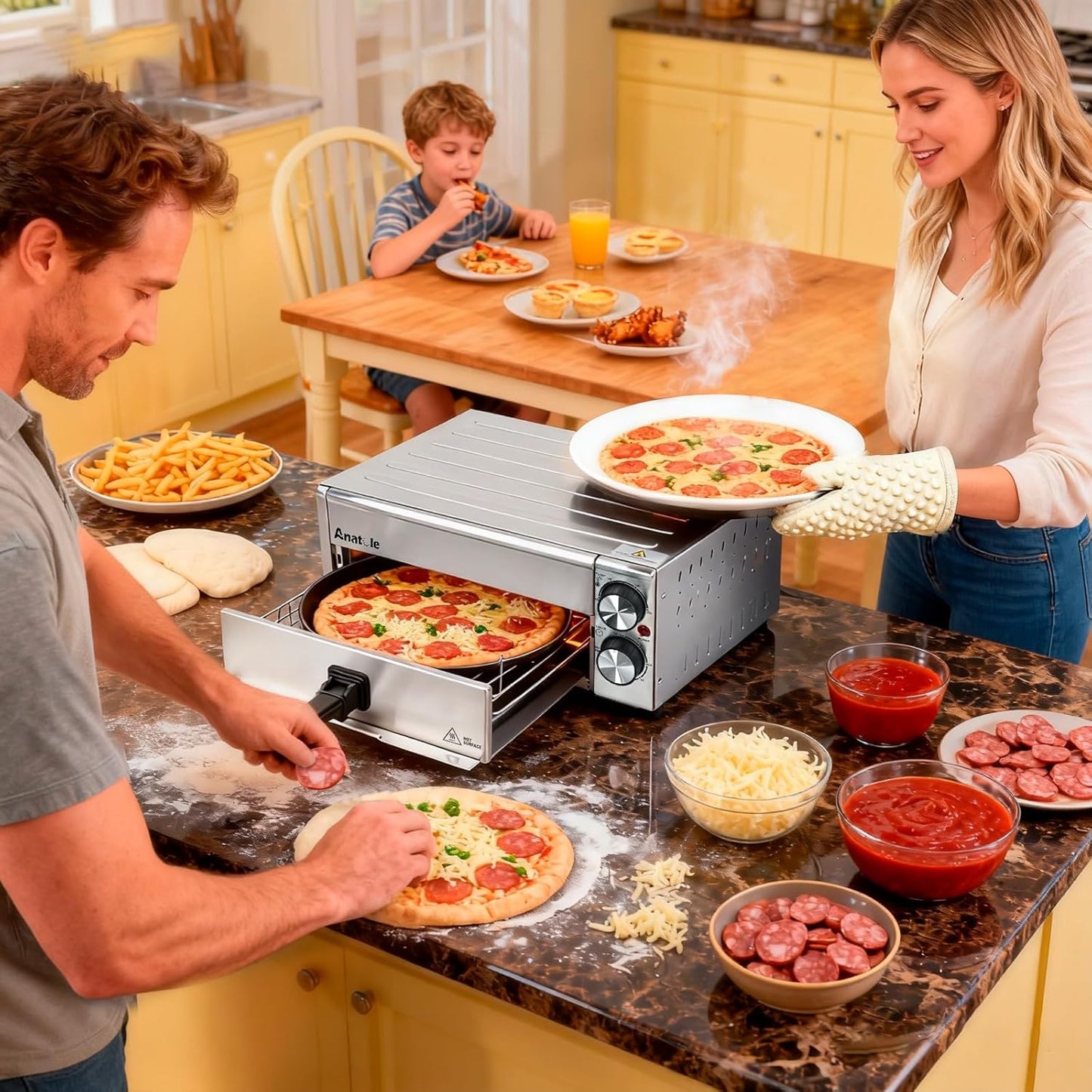 Anatole Elektrische Pizzaoven & Heteluchtfriteuse, RVS, 30.5 cm, 1800 W, Tijd- en Temperatuur Instelbaar, Met Circulatielucht, Inclusief Afneembaar Grillrek, Kruimellade en Ovenhandschoenen