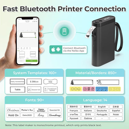 Nelko P21 Draagbare Bluetooth-labelmaker, draadloze stickerprinter met meerdere sjablonen voor thuiskantoororganisatie en opslaglocatie, met 3 rollen thermische tape (14 x 40 mm), zwart