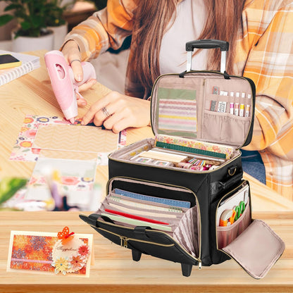 Rollende Scrapbooktas – Opbergtas Met Wielen – Knutselwagen – Organizer – Trolley – Zwart – 41,5 x 22 x 31,5 cm – Gevoerd Laptopvak En Stevige Constructie