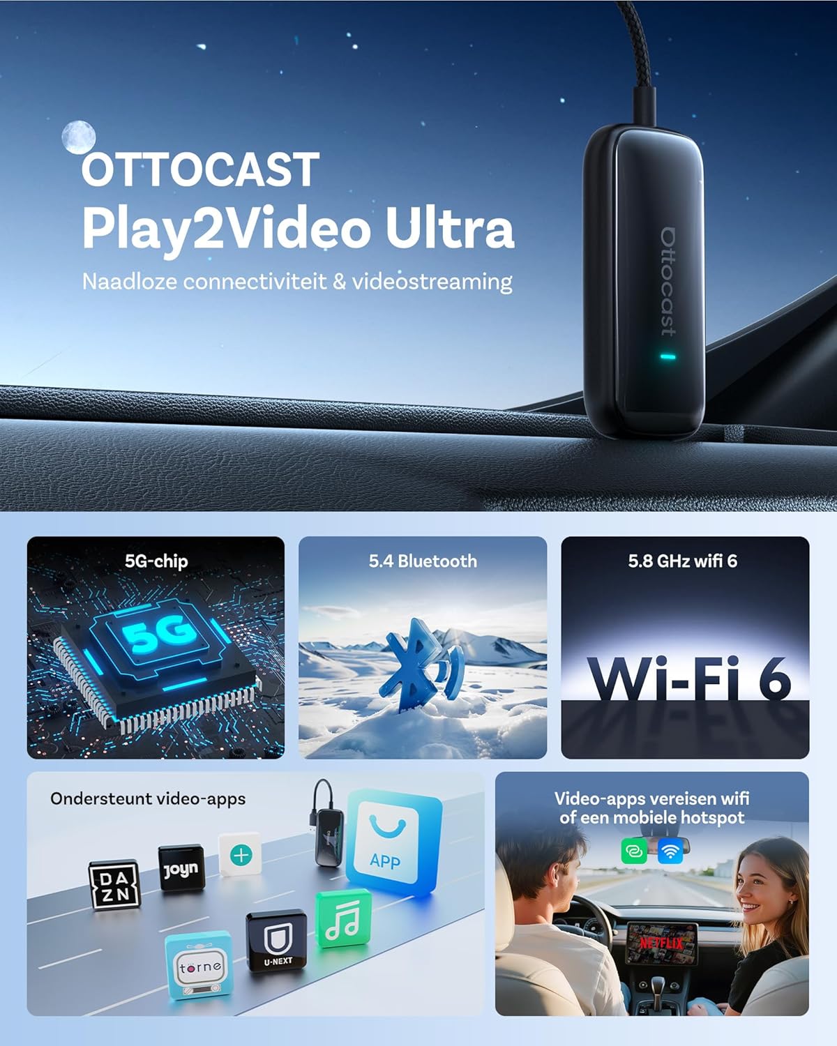 OTTOCAST Play2video Ultra, 2026 Nieuwe Draadloze CarPlay & Android Auto Adapter met YouTube Netflix, 4GB+32GB Plug & Play 5G-chip, WiFi6, CarPlay AI Box voor auto's met bekabelde CarPlay na 2016