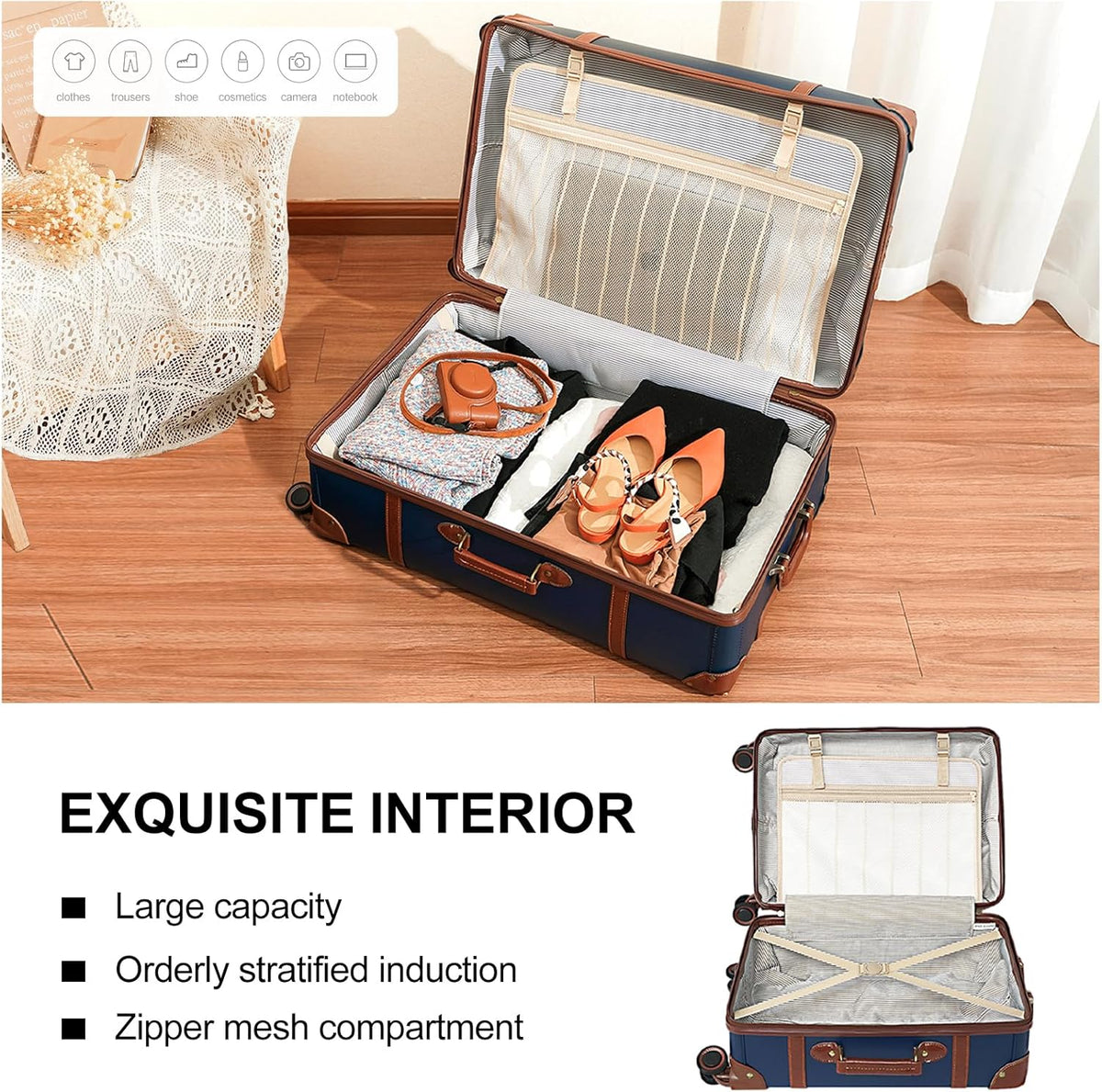 Urecity Vintage reiskofferset, 4-delig, licht, retro, lederen koffer, harde schaal, trolley, handbagage, sets met TSA-slot en 8 wielen (S-M-L-XL), blauw, Kofferset