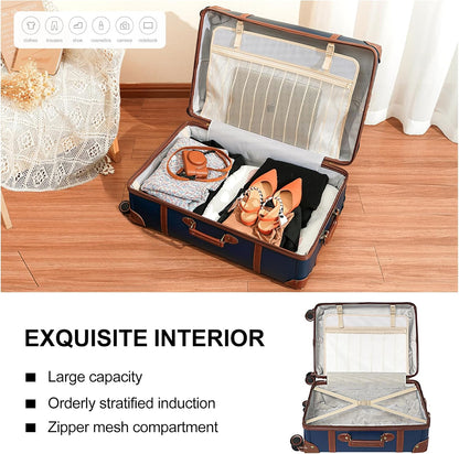 Urecity Vintage reiskofferset, 4-delig, licht, retro, lederen koffer, harde schaal, trolley, handbagage, sets met TSA-slot en 8 wielen (S-M-L-XL), blauw, Kofferset
