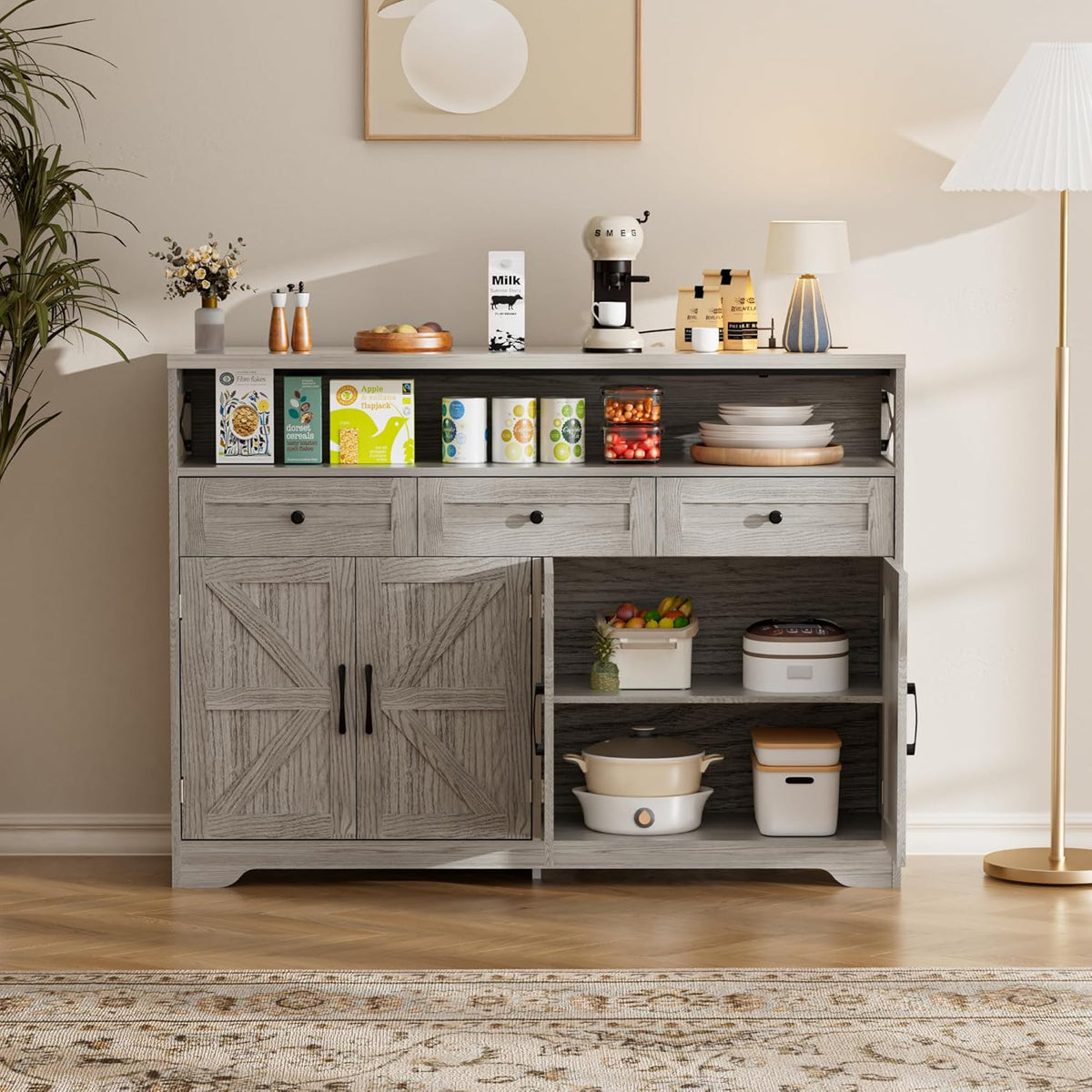 Sideboard, keukenkast met laden, opbergkast, dressoir met open plank, koffiebar kast voor keuken, eetkamer, woonkamer, 130 x 35 x 95 cm, lichtgrijs