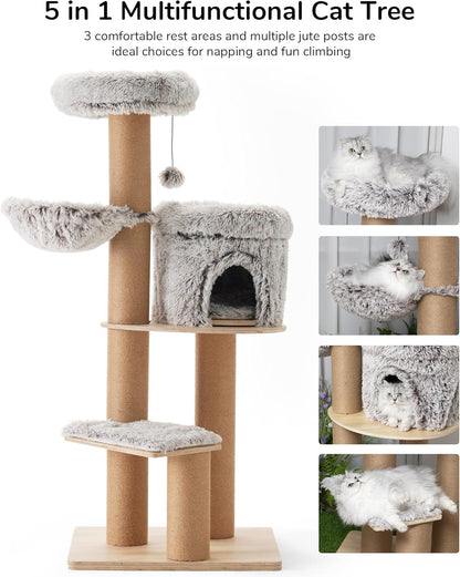 Kattenboom – Kattentoren – Krabpaal – Speelboom – Klimmeubel – 155 cm Hoog – 6 Krabpalen Met Afneembare Kussens