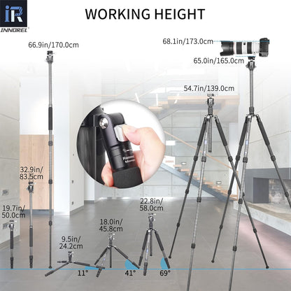 Draagbare 10 Lagen Koolstofvezel Statief - INNOREL RT45C+N36 Professionele Reizen Compact Lichtgewicht Statief Monopod voor DSLR Camera Camcorder met 36 mm Low Center Gravity Ball Head, Load 33lb/15kg