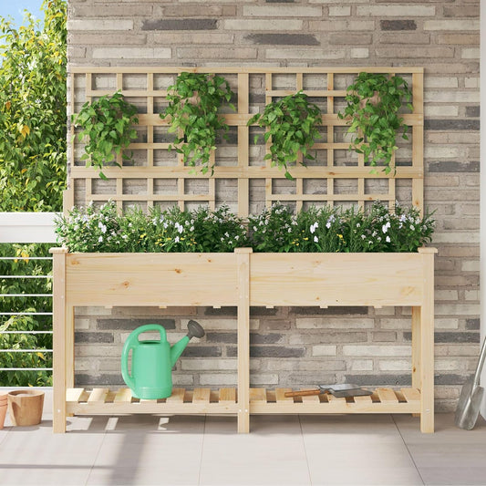 Garden Pot with Planks and Shelf Made of Solid Pine Wood, 161 x 43 x 152 cm, Rectangular Planter, Large for Indoor and Outdoor Use, Beige, Modern Design - QUORE