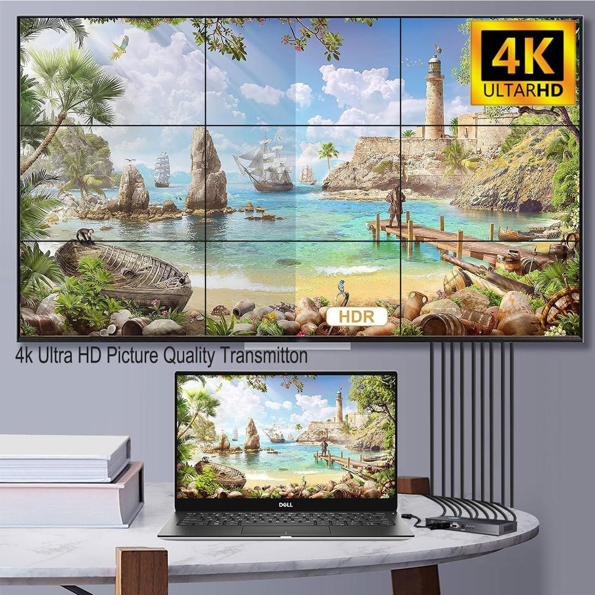 3 x 3 videowandcontroller, 4K 3 x 3, 3 x 2, 2 x 2, 3 x 1, 1 x 4, 2 x 3, 4 x 2, 2 x 4, met afstandsbediening voor 9 tv's, ondersteuning voor 180° beeldrotatie.