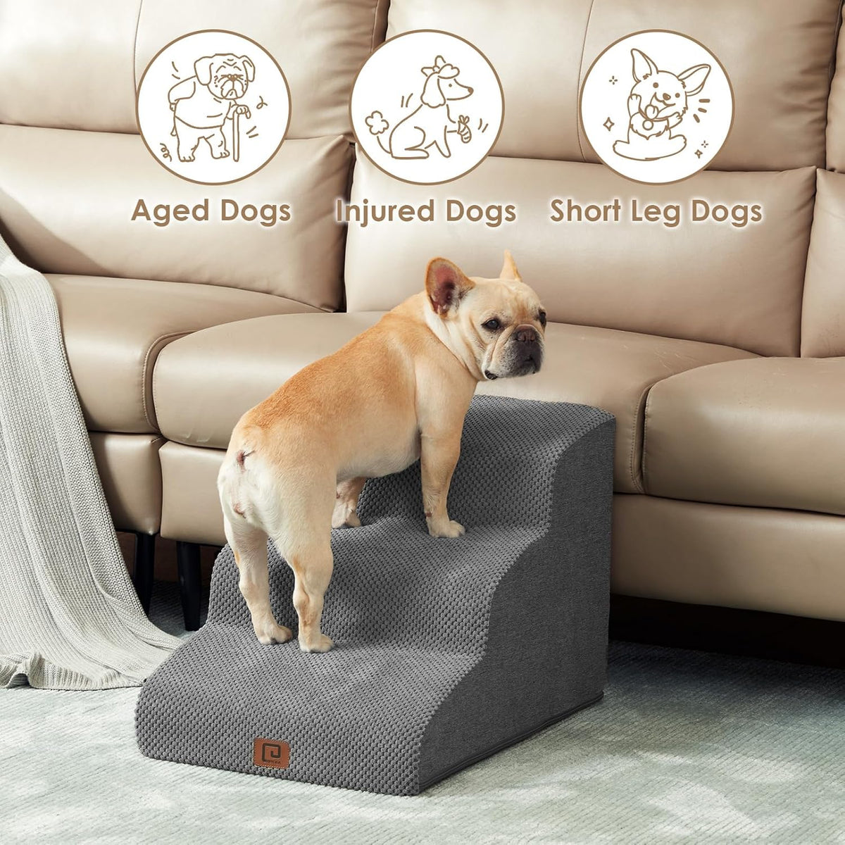 Hondentrap – Huisdiertrap – Diertreden – Kattentrap – Trap Voor Kleine Honden – 3 Treden Voor Meubels Tot 33 cm – Stevige Schuimconstructie Met Wasbare Fleece Hoes