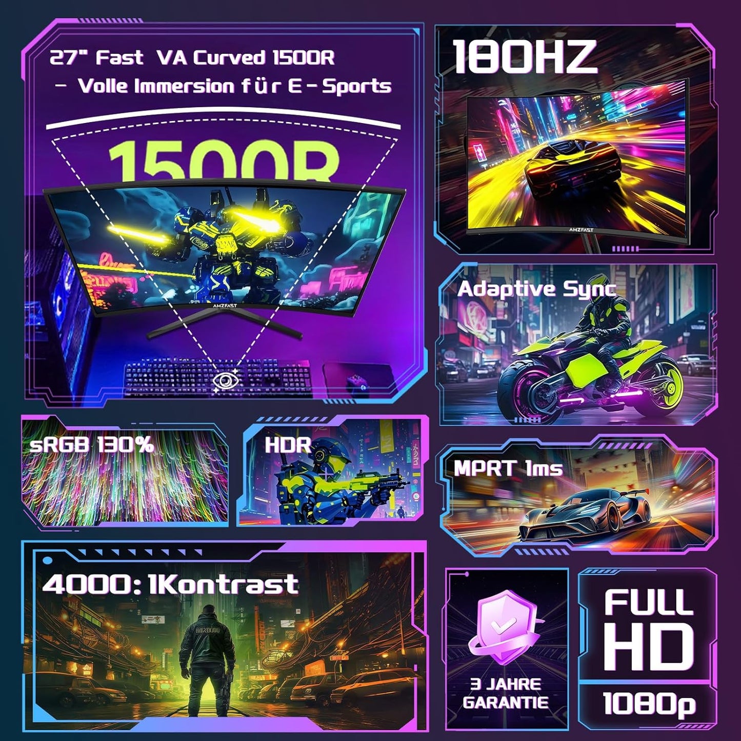Amzfast Gaming Monitor Curvo 27'' 180 Hz, 1 ms MPRT, AMD FreeSync Premium, HDR10, DCI-P3 90%, Anti-Flicker/Glare, Low Blue Light, 1500R, VESA-bevestiging, HDMI/DP, met HDMI-kabel, AMZG27C1