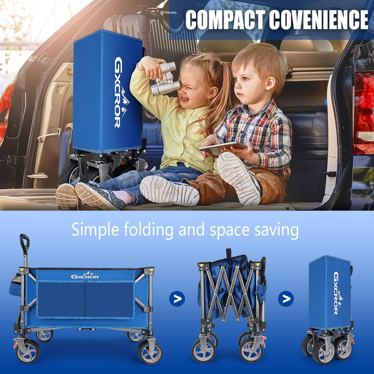 GXCROR Opvouwbare trolley kar 100L Heavy Duty Opvouwbare Wagon met 13cm brede wielen en verwijderbare wielen, Beach Utility Cart met remmen en zijvakken