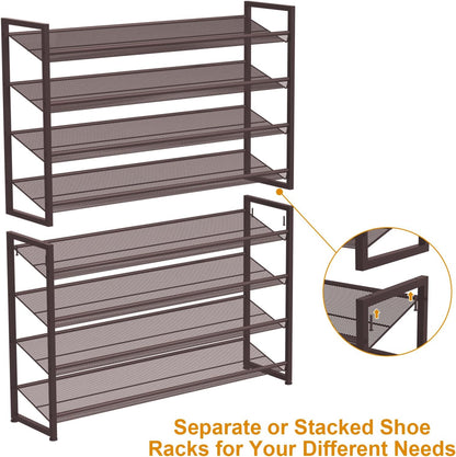 Large Shoe Rack with 8 Levels, Shoe Organizer, Robust Metal 4-Tier Stackable Shoe Rack for Cabinet Entrance, Up to 50 Pair, 114cm W x 29cm D x 143cm H, Bronze - QUORE