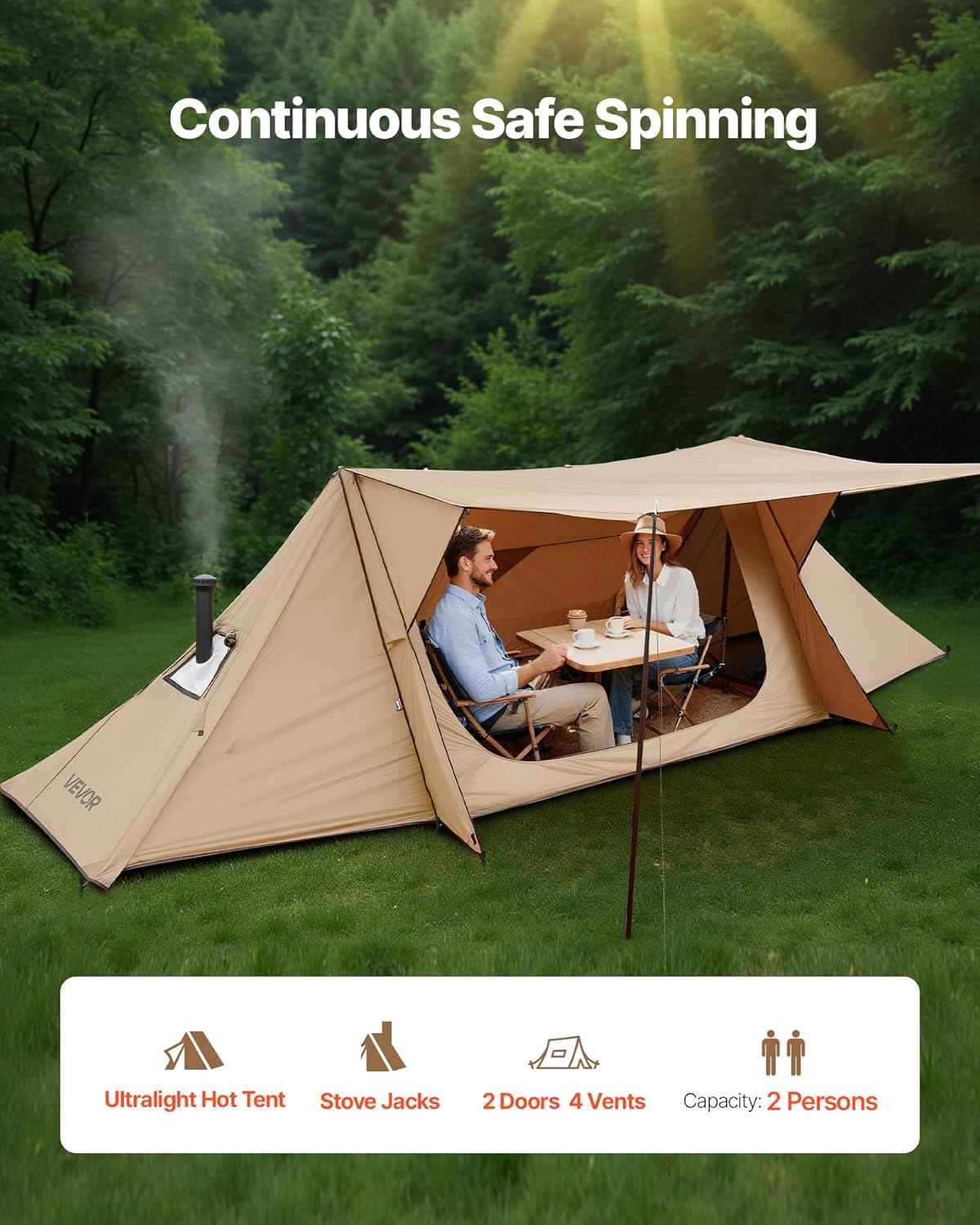 VEVOR Campingtent, lichte bushcraft-tent met kachelaansluiting en 2 zeilstangen, wintertenten, draagbare 4-seizoenentent voor 2 personen, voor wandelen, vissen, jagen en rugzakreizen