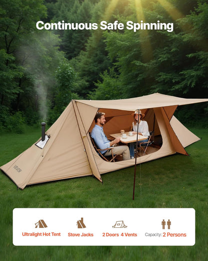 VEVOR Campingtent, lichte bushcraft-tent met kachelaansluiting en 2 zeilstangen, wintertenten, draagbare 4-seizoenentent voor 2 personen, voor wandelen, vissen, jagen en rugzakreizen