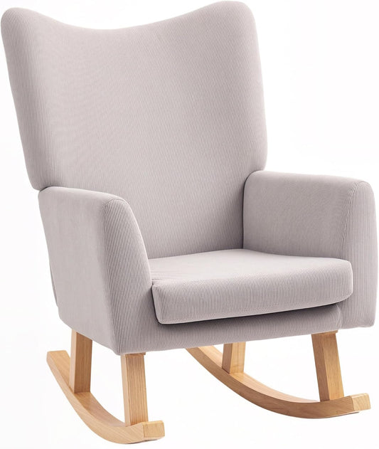 HOMCOM Schommelstoel, schommelstoel met hoge rugleuning, corduroy, schommelstoel, relaxstoel met brede armleuning, houten glijders, voedingsstoel voor woonkamer, slaapkamer, balkon, lichtgrijs