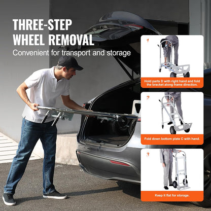VEVOR Aluminium Trailer Truck, 2-in-1, Hand Truck, Moving Truck, Load Capacity 363 kg, Hand Truck, Convertible in Platform Truck, Rubber Wheels for Transport, Warehouse, Goods