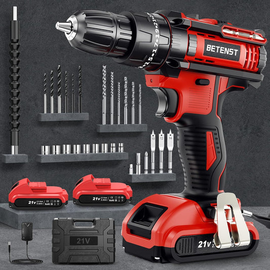 accuschroefboormachine, 21 V, accuboormachine 42 Nm met 2 accu's 2,0 Ah, 25 + 3 draaimomentniveaus, 2 snelheden, 10 mm boorhouder, ledlicht, 30-delige accessoireset voor huis en tuin,