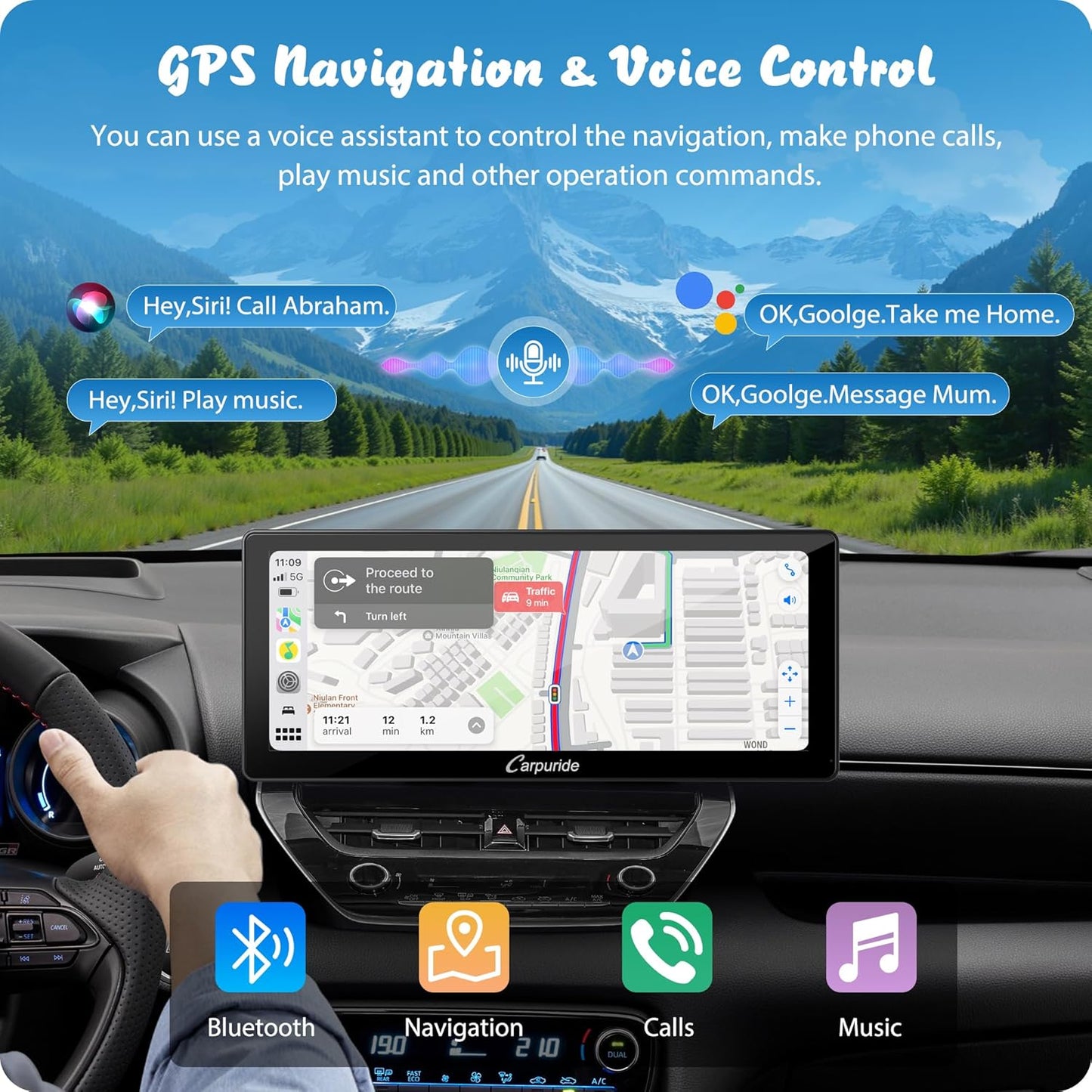 Carpuride W103 Pro met draadloze Bluetooth-overdracht, draagbaar Carplay en Android Auto-autoradio, 10,3 inch 1080P-touchscreen, Mirror Link/GPS/Siri/FM, met 3 houders