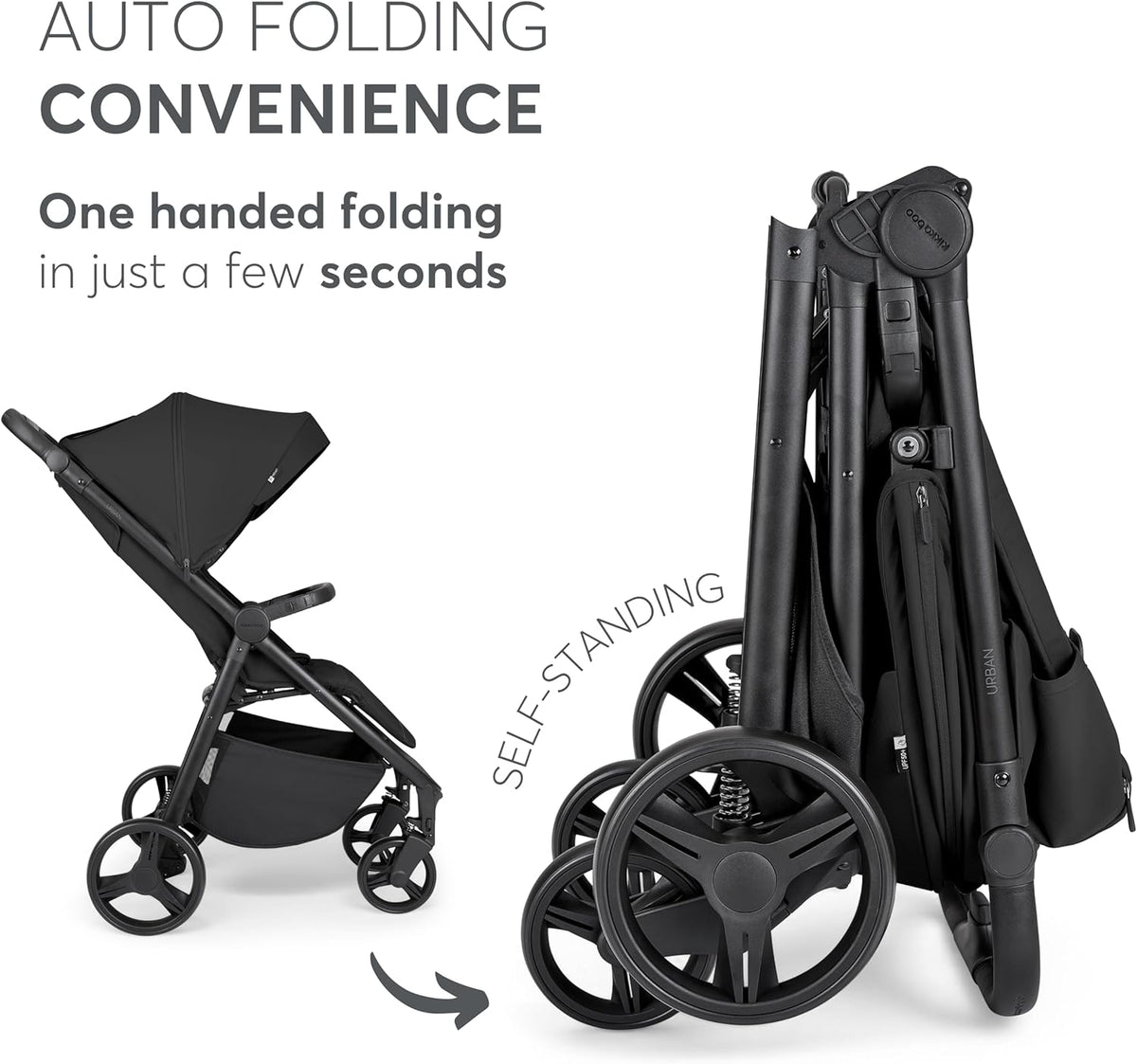 KikkaBoo Urban Kinderwagen, licht, vanaf de geboorte tot 22 kg, compact, EVA-wielen met vering, verstelbaar stuur, zwart
