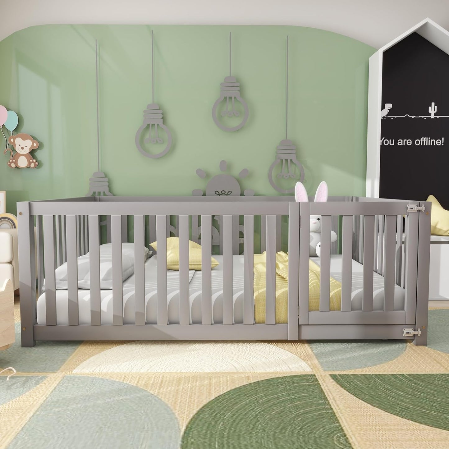 Bedframe Kinderbed - Peuterbed - Vloerbed - Kinderbox - Inclusief Uitvalhekje - Kinderkamer - Multiplex -  140 x 200 x 60 cm - Grijs