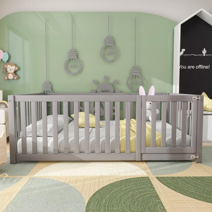 Bedframe Kinderbed - Peuterbed - Vloerbed - Kinderbox - Inclusief Uitvalhekje - Kinderkamer - Multiplex -  140 x 200 x 60 cm - Grijs