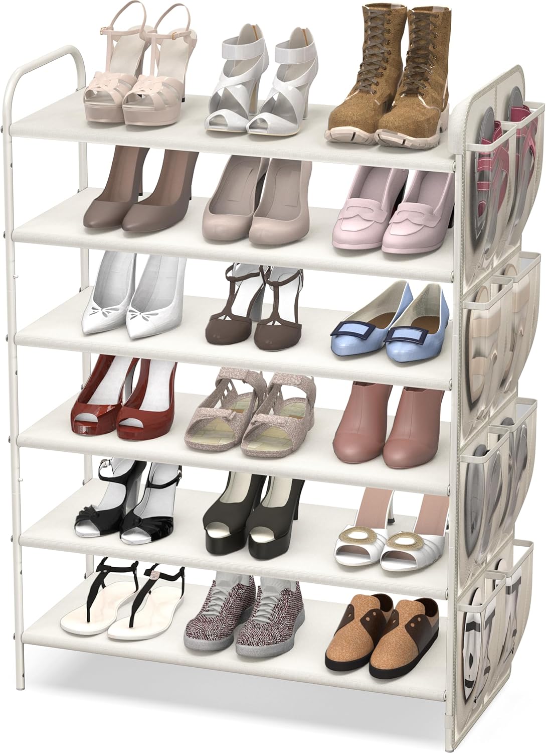 Simple Houseware 6-Tier Shoe Rack Storage Organizer w/ Side Hanging Bag, White - QUORE