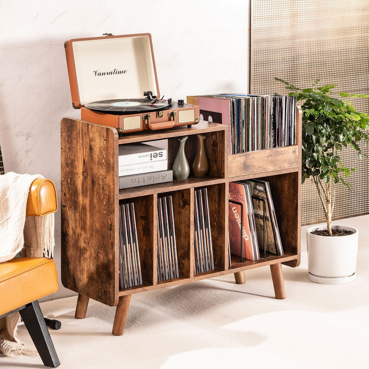 Mid-century Record Player Stand with Vinyl Storage for Up to 350+ Albums, Vinyl Record Cabinet with Adjustable Shelves, Brown