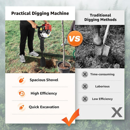 OUKANING Petrol Garden Tree Digging, 52 cc, 2 Strips, Pole Hole Digging, Petrol, 1.3 L, Tank, 1900 W, Excavator, Hand Excavator, 1500 Times/Min, Earth Drill, Tree Plant Shovel, Hand Digging Cutter - QUORE