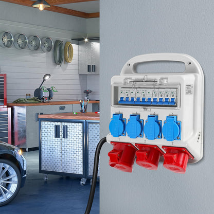 Stroomverdeler bouwstroomverdeler, 2xCEE 400V/16A 1xCEE 400V/32A 4x230V, bouwverdeler met stroomschakelaars, met 1,2 meter voedingskabel, voor bouwplaatsen