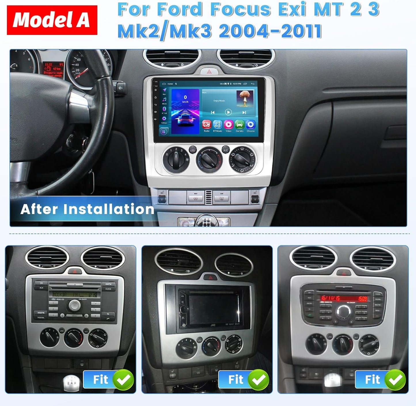 Hikity [2G+64G] Carplay Draadloos voor Ford Focus Exi MT 2 3 Mk2/Mk3 2004-2011 9 Inch Android 13 Radio met GPS Bluetooth Android Auto WiFi RDS Hi-FI FM SWC Achteruitkijkcamera