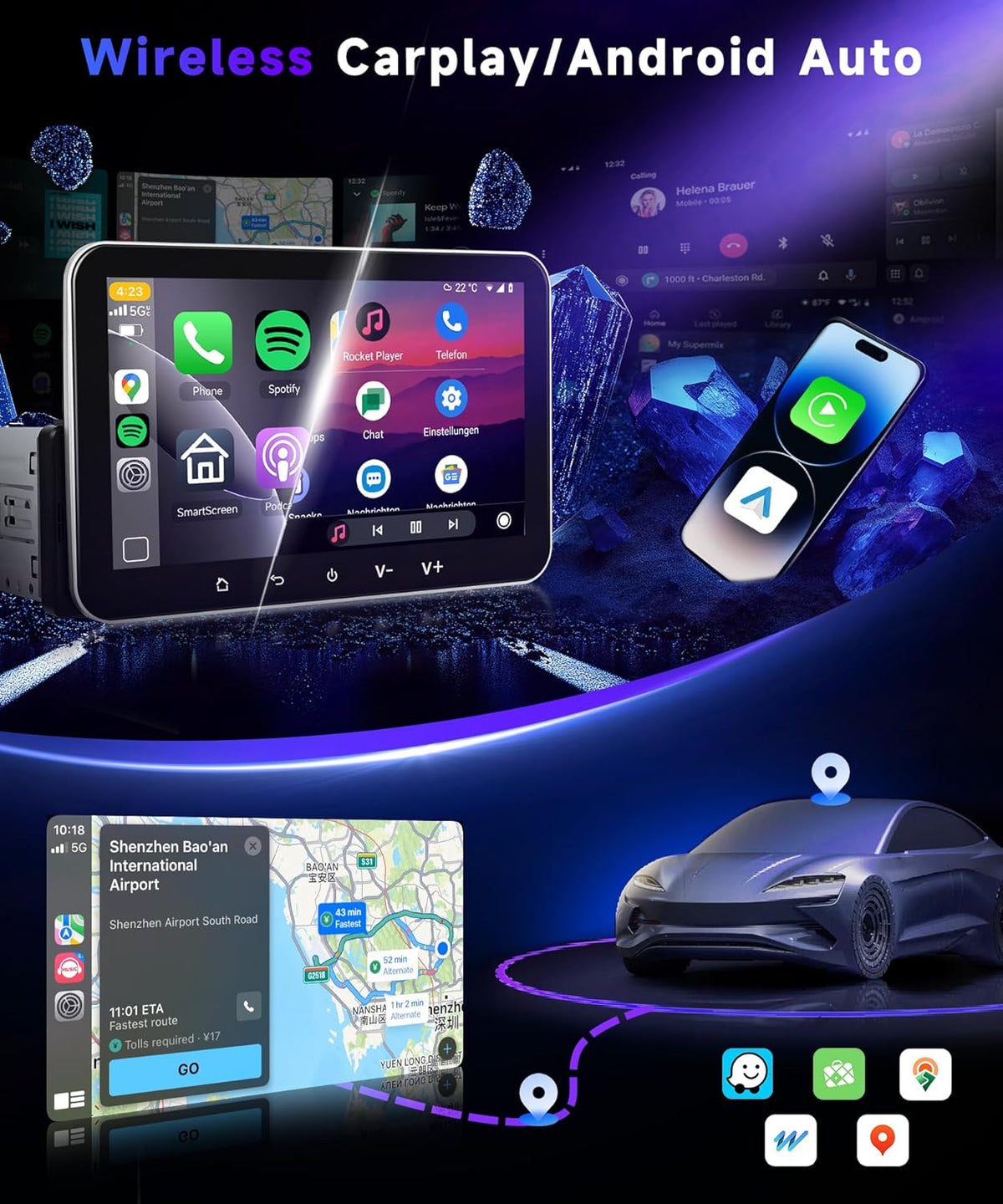 4G + 64G Android 15 autoradio 1 DIN met Carplay Android Auto draadloos, Carplay autoradio met touchscreen, 7 inch HD IPS, ondersteuning Bluetooth 5.0, FM-radio, RDS GPS, wifi, link, spiegel
