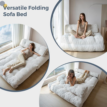 MAXYOYO Opvouwbare slaapbank, converteerbare slaapstoel met kussen, matras met rugsteun, draagbaar stoelbed, comfortabele lounge voor woonkamer, slaapkamer, beige, dubbel