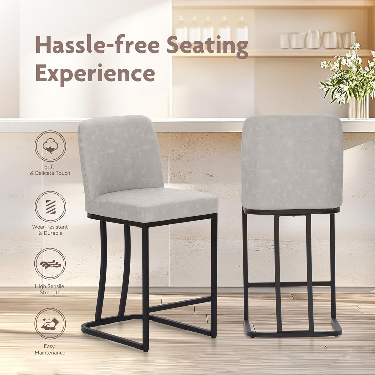 ALPHA HOME Set of 2 Bar Stools Breakfast Bar Stools PU Leather Kitchen Stools with Backrest Bar Stools with Footrest for Kitchen Sink Sturdy Metal Steel Frame, Light Grey