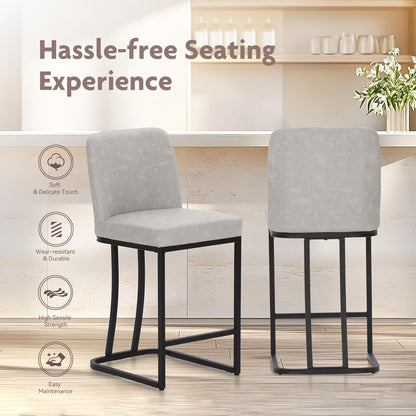 ALPHA HOME Set of 2 Bar Stools Breakfast Bar Stools PU Leather Kitchen Stools with Backrest Bar Stools with Footrest for Kitchen Sink Sturdy Metal Steel Frame, Light Grey