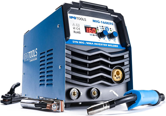 IPOTOOLS MIG-160ERS 5in1 MIG MAG lasapparaat - beschermgas lasapparaat met 160 ampère Inverter FLUX/vuldraad lasapparaat zonder gas geschikt voor elektroden/E-hand/Digitaal/IGBT / 230V / 7 jaar