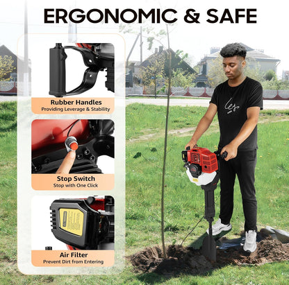 OUKANING Petrol Garden Tree Digging, 52 cc, 2 Strips, Pole Hole Digging, Petrol, 1.3 L, Tank, 1900 W, Excavator, Hand Excavator, 1500 Times/Min, Earth Drill, Tree Plant Shovel, Hand Digging Cutter - QUORE