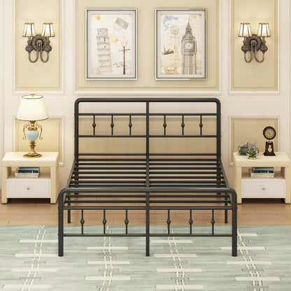 EMODA Metalen Bed Frame 160 x 200 cm met vintage style Hoofdeinde en Voetenbord, Heavy Duty Bedframe 36cm hoog met stalen lattenbodem, Eenvoudige montage, Geluidsvrij, Zwart