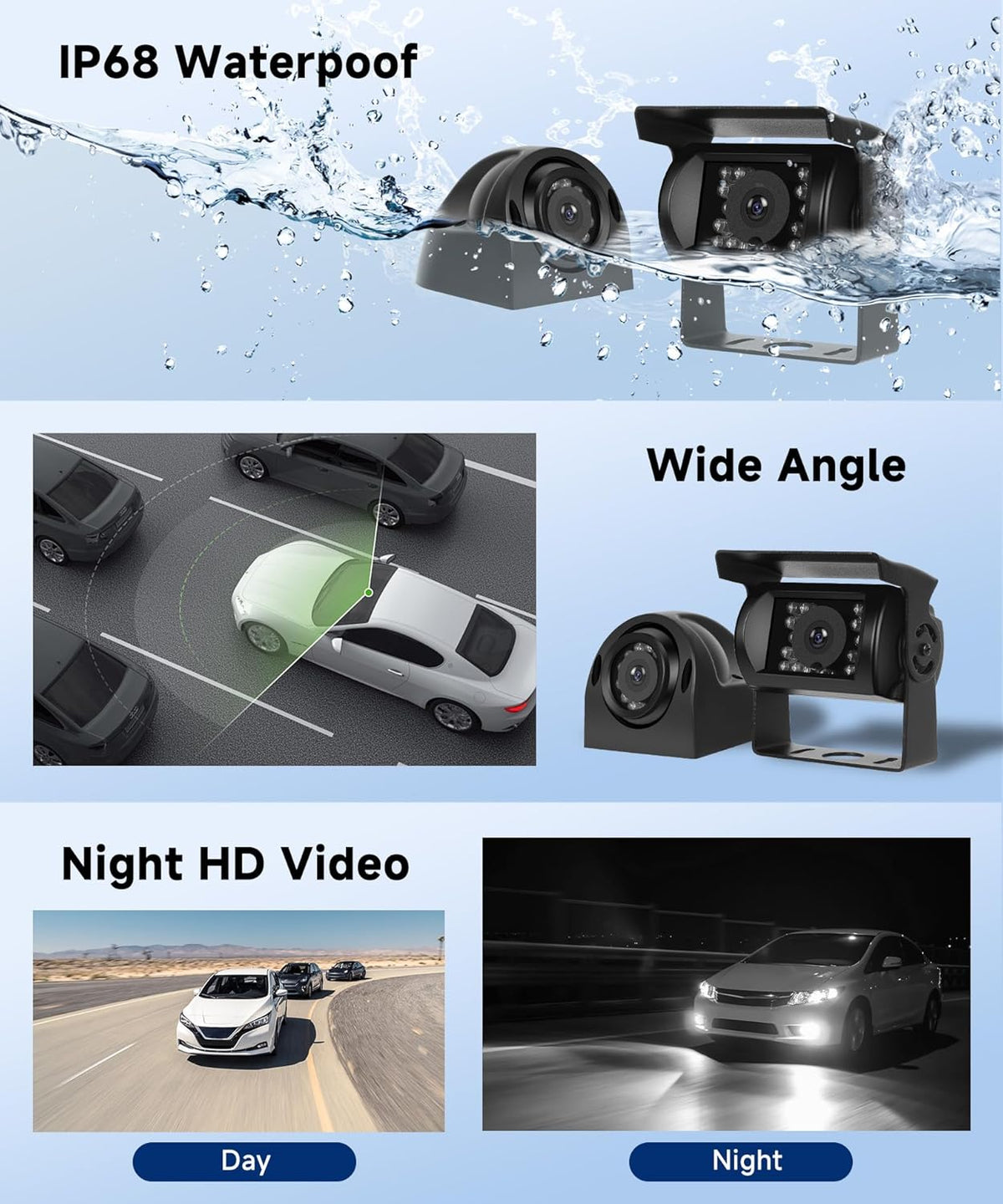 Rear View Camera 4 Cameras Set, 9 Inch Monitor 4 Split Screen, Rear View Camera IP68 Waterproof, Night Vision, DVR, Loop Video, Inversion Aid, for Truck/Bus/Motorhome/Trailer with 35 Meters - QUORE