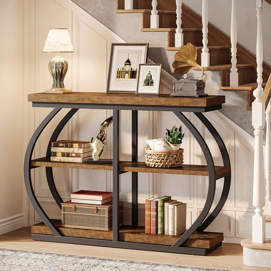 Tribesigns Consoletafel, 104 cm, industriële entreetafel met 3 verdiepingen met gebogen metalen frame en opbergplanken voor woonkamer, hal, rustieke koffie