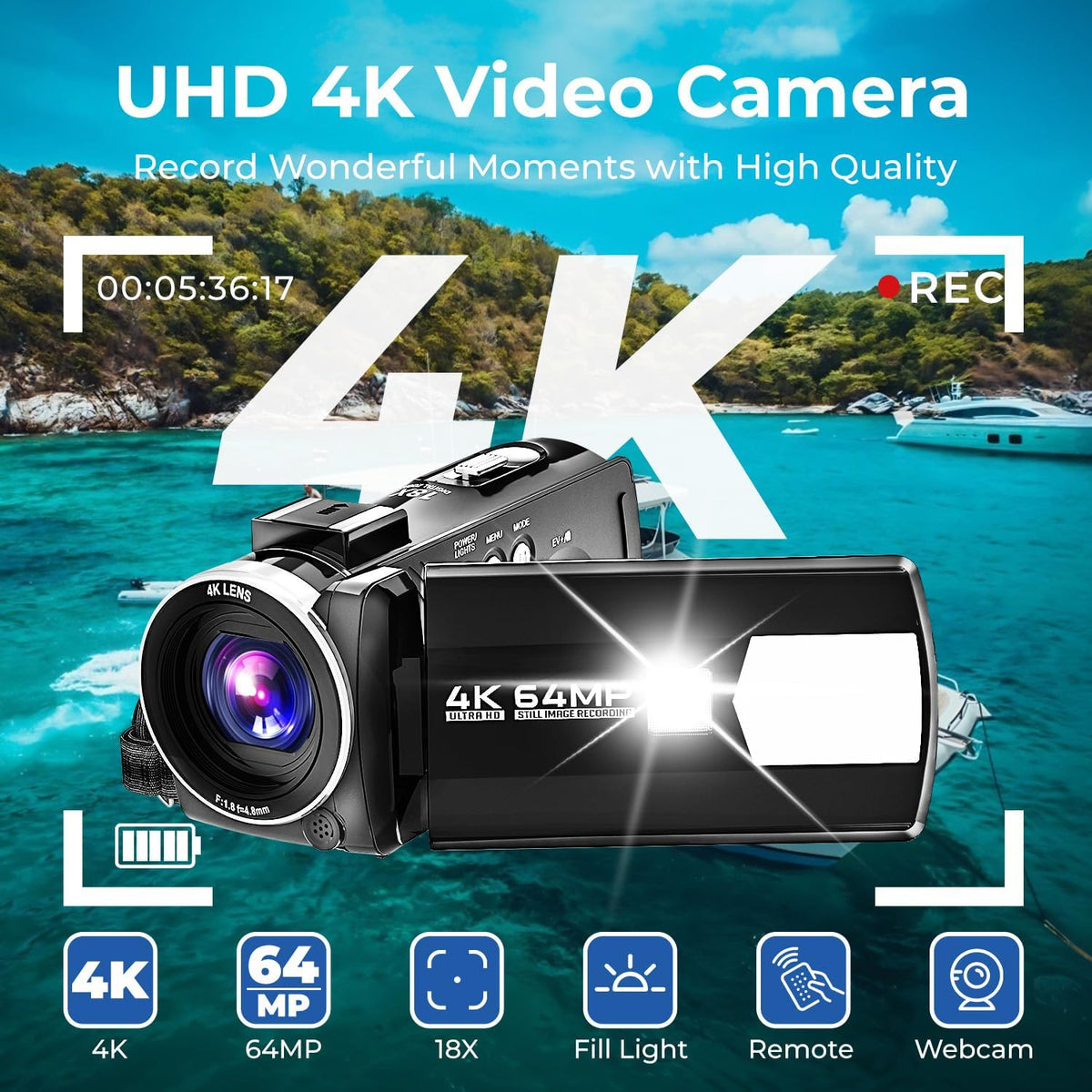 Videocamera 4K 64MP met 32GB SD-Kaart, Afstandsbediening en Batterij – Camcorder – Videorecorder – Digitale Camera – Vlogcamera – 3,0 Inch 270° Draaibaar IPS-Scherm – 18X Digitale Zoom