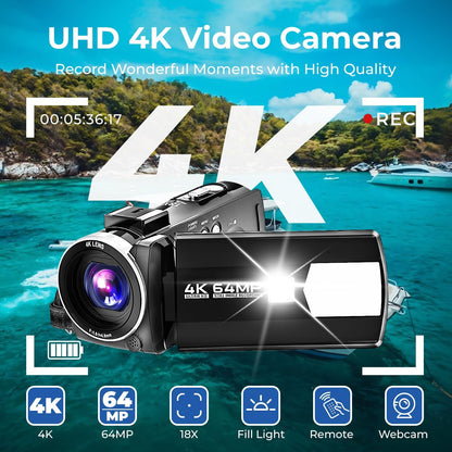 Videocamera 4K 64MP met 32GB SD-Kaart, Afstandsbediening en Batterij – Camcorder – Videorecorder – Digitale Camera – Vlogcamera – 3,0 Inch 270° Draaibaar IPS-Scherm – 18X Digitale Zoom