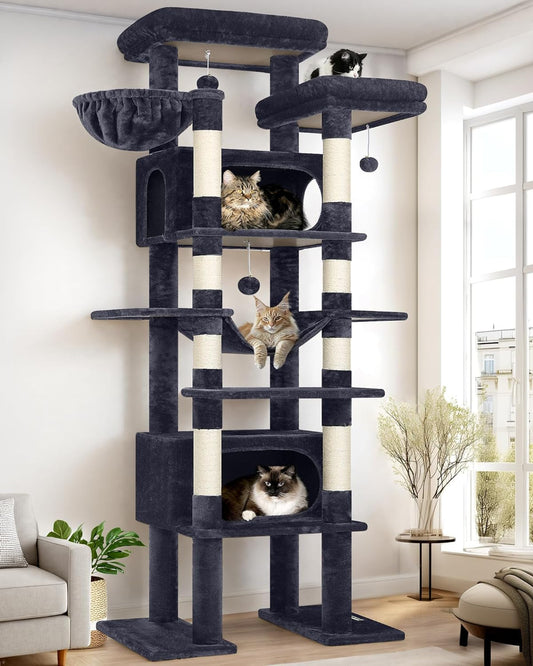 Kattenboom – Krabpaal – Kattenmeubel – Kattentoren – XXL – 213 cm Hoog – 2 Ruime Kattenhuisjes – Natuurlijke Sisal Krabpalen – Donkergrijs