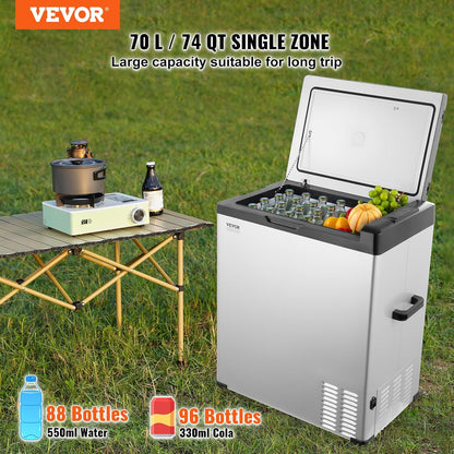 VEVOR C75, 12 Volt Auto Koelkast Koelkast, 70 liter (74qt) Single Zone Draagbare Vriezer, -4 °F -46 °F Verstelbaar bereik, 12/24V DC en 100-240V AC Compressor Koeler voor Buiten, Camping, RV, Zilver